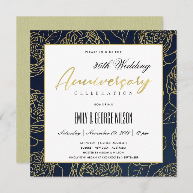 LUXE NAVY GOLD ROSE FLORAL ANY YEAR ANNIVERSARY INVITATION (Front/Back)