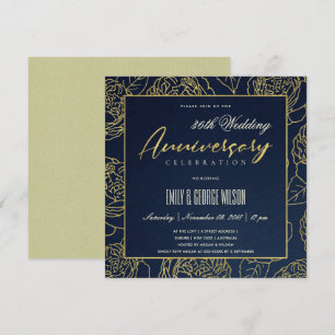 LUXE NAVY GOLD ROSE FLORAL ANY YEAR ANNIVERSARY INVITATION