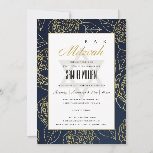 LUXE NAVY GOLD ROSE FLORAL BAT BAR MITZVAH INVITE (Front)