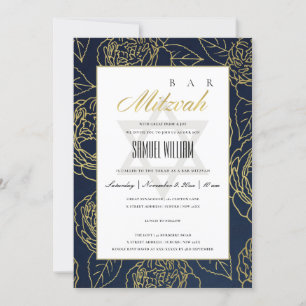 LUXE NAVY GOLD ROSE FLORAL BAT BAR MITZVAH INVITE