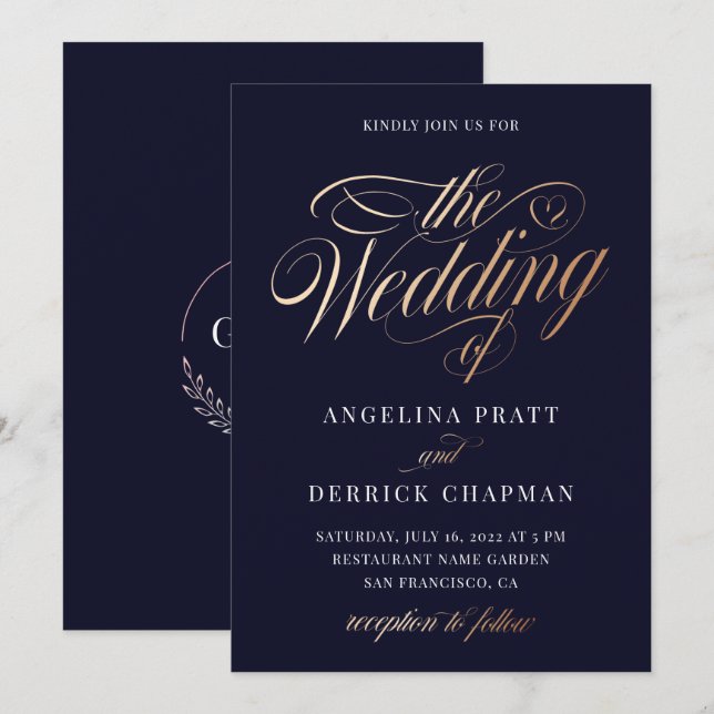 Luxe Navy Gold Script Wedding Details Invitation (Front/Back)