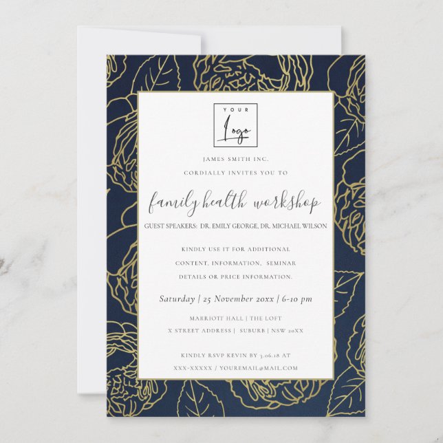 LUXE NAVY GOLD WHITE ROSE FLORAL WORKSHOP EVENT INVITATION (Front)