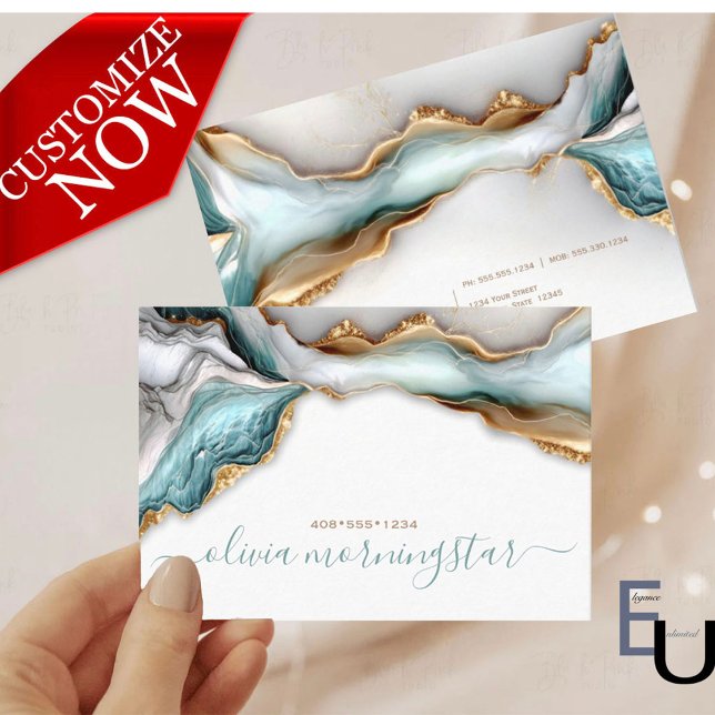 Luxe Opal Teal Gold Fluid Alcohol Ink Business Card (Creator Uploaded)