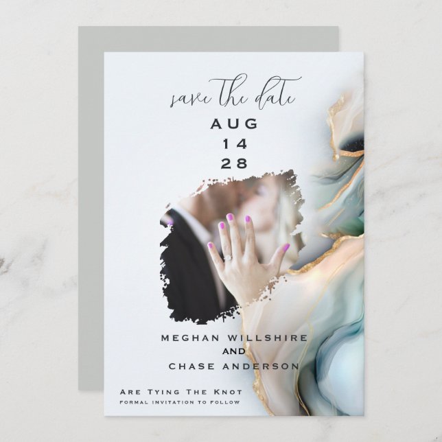 Luxe Opal Teal Gold Fluid Alcohol Ink Invitation (Front/Back)