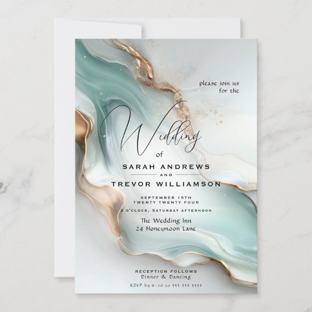 Luxe Opal Teal Gold Fluid Alcohol Ink Invitation (Front)