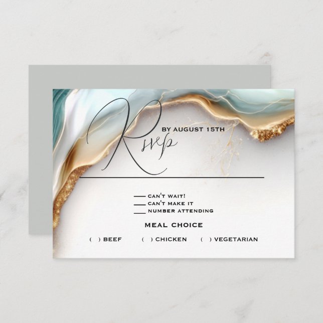 Luxe Opal Teal Gold Fluid Alcohol Ink RSVP Card (Front/Back)