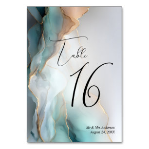 Luxe Opal Teal Gold Fluid Alcohol Ink Table Number