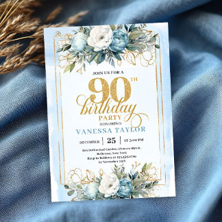 Luxe pale blue gold detailing 90th birthday invite