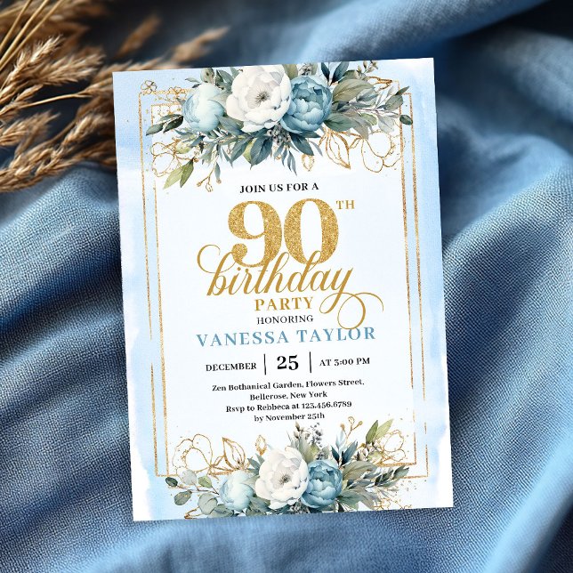 Luxe pale blue gold detailing 90th birthday invite (Luxe pale blue gold detailing 90th birthday invitation)