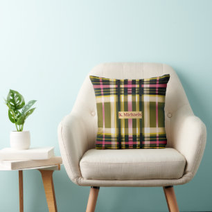 Luxe Personalised Olive Green, Gold & Pink Plaid Cushion