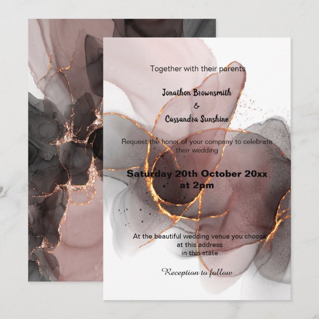 LUXE PINK BLACK ABSTRACT MARBLE WEDDING  INVITATION (Front/Back)