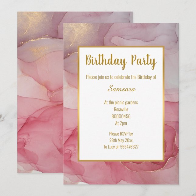 LUXE PINK BLUSH MARBLE ROSE BIRTHDAY INVITATION (Front/Back)