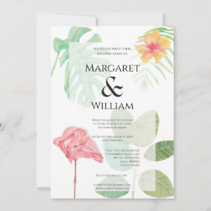 Luxe Pink Flamingo, green Tropical foliage wedding Invitation