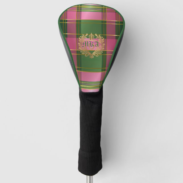 Luxe Pink Green Plaid Monogram Golf Chic Head Cover (Front)