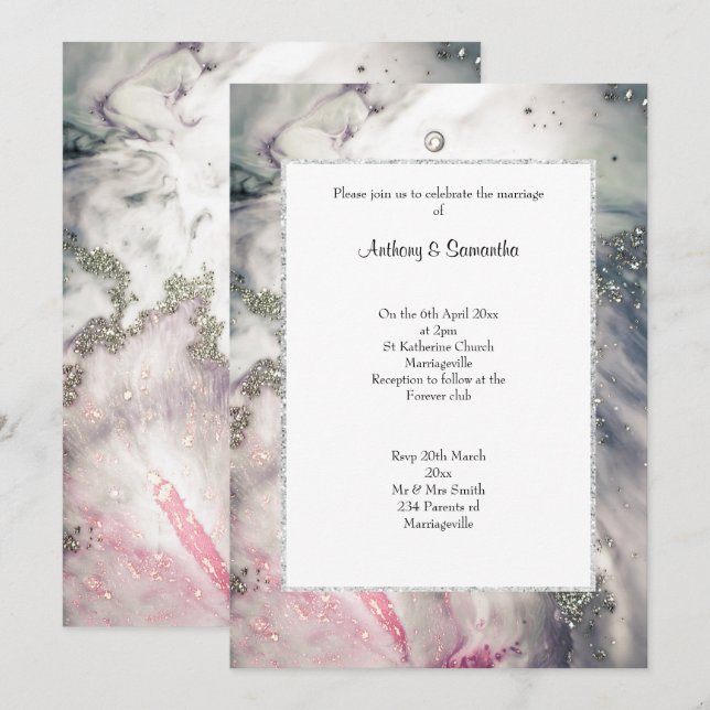 LUXE PINK MARBLE GLITTER WEDDING Invitation (Front/Back)