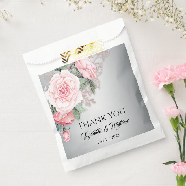 Luxe Pink Rose Bouquet and Silver Wedding Favour Bag (Sealed)