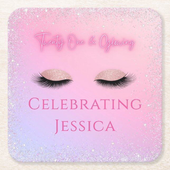 Luxe Pink Twenty One & Glowing 21st Birthday Square Paper Coaster (Front)