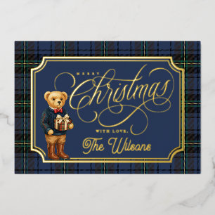 Luxe Preppy Plaid Christmas Teddy Bear Photo Card