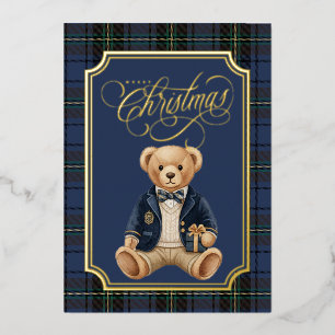 Luxe Preppy Plaid Christmas Teddy Bear Photo Card