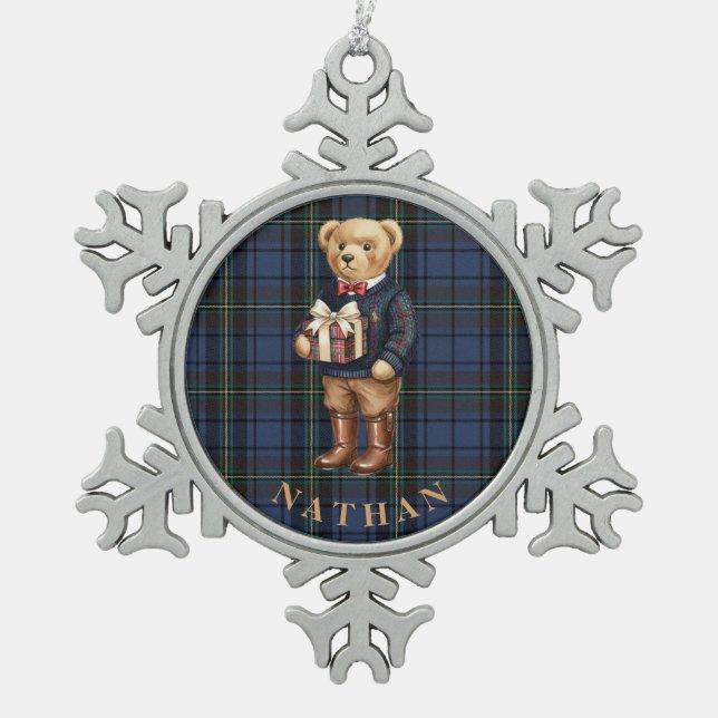 Luxe Preppy Plaid Christmas Teddy Bear Photo Card Snowflake Pewter Christmas Ornament (Front)