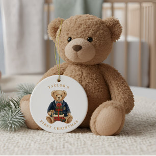 Luxe Preppy Plaid Teddy Bear 1st Christmas Ceramic Ornament