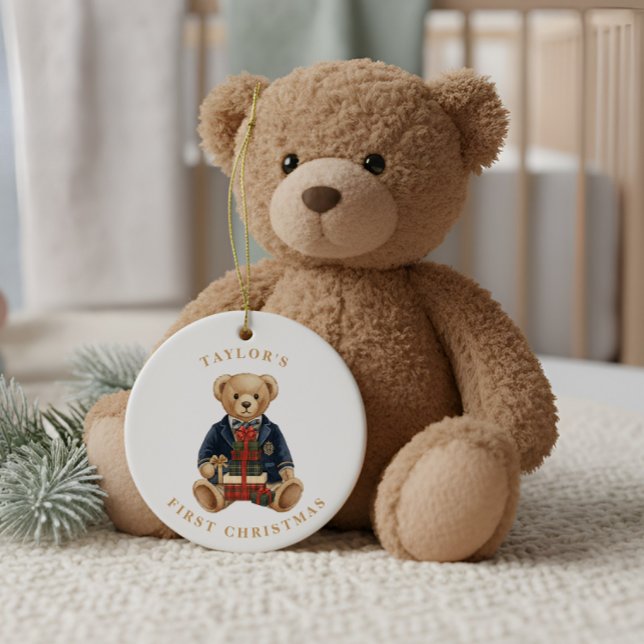 Luxe Preppy Plaid Teddy Bear | 1st Christmas Ceramic Ornament (Creator Uploaded)