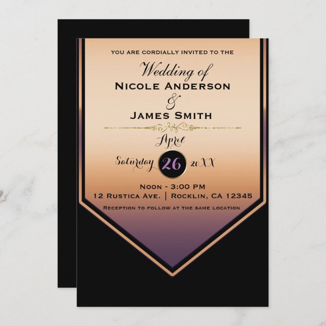 Luxe Purple & Gold Shine Classy Wedding Invitation (Front/Back)