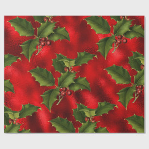 Luxe Red Faux Foil, Green Holly, Red Berries Wrapping Paper