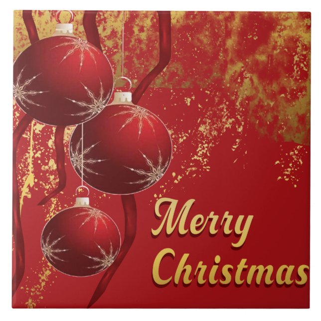 Luxe Red & Gold Merry Christmas Decorative Ceramic Tile (Front)
