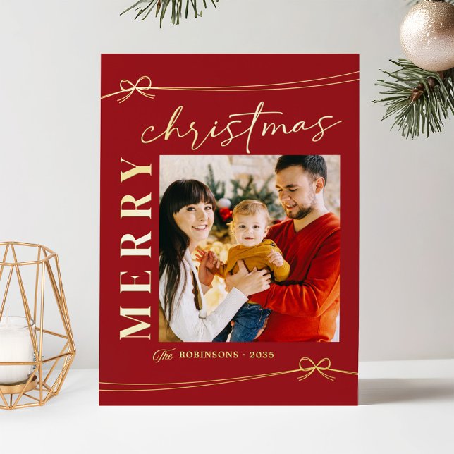 Luxe Red Gold Merry Christmas Script Photo Foil Holiday Card (Creator Uploaded)