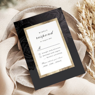 Luxe rose black gold vintage botanical wedding RSVP card