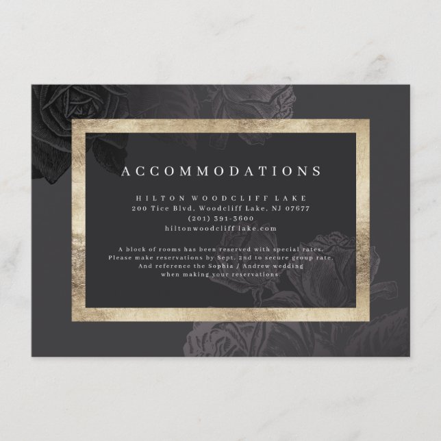 Luxe rose black vintage botanical accommodations enclosure card (Front)