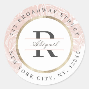Luxe rose blush gold monogram return address classic round sticker