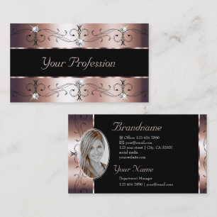 Luxe Rose Gold and Black Ornate Borders with Photo Business Card