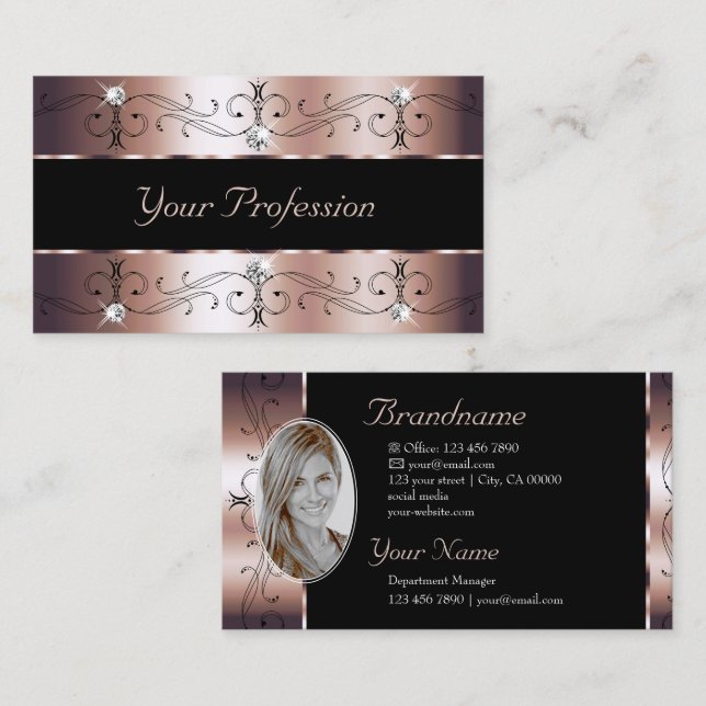 Luxe Rose Gold and Black Ornate Borders with Photo Business Card (Front/Back)