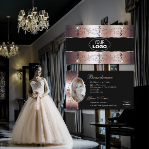 Luxe Rose Gold Black Ornate Borders Logo and Photo Business Card