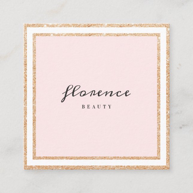 Luxe rose gold glitter frame blush pink and white square business card (Front)