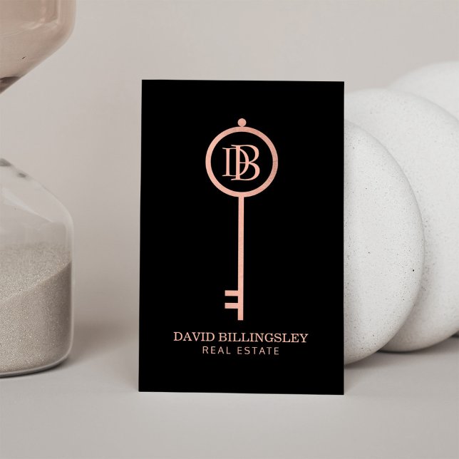 Luxe Rose Gold Skeleton Key Monogram Realtor Business Card (Creator Uploaded)