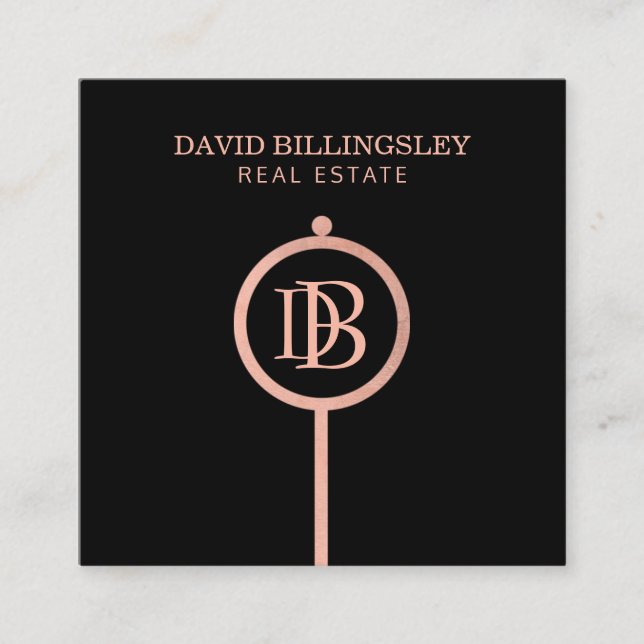 Luxe Rose Gold Skeleton Key Monogram Realtor Square Business Card (Front)