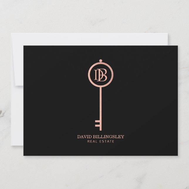 Luxe Rose Gold Skeleton Key Monogram Thank You  Card (Front)