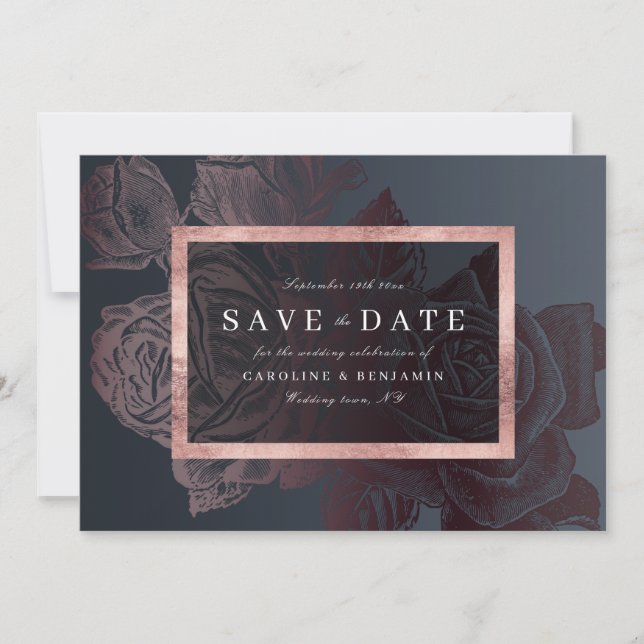 Luxe rose gold vintage botanical save the date (Front)