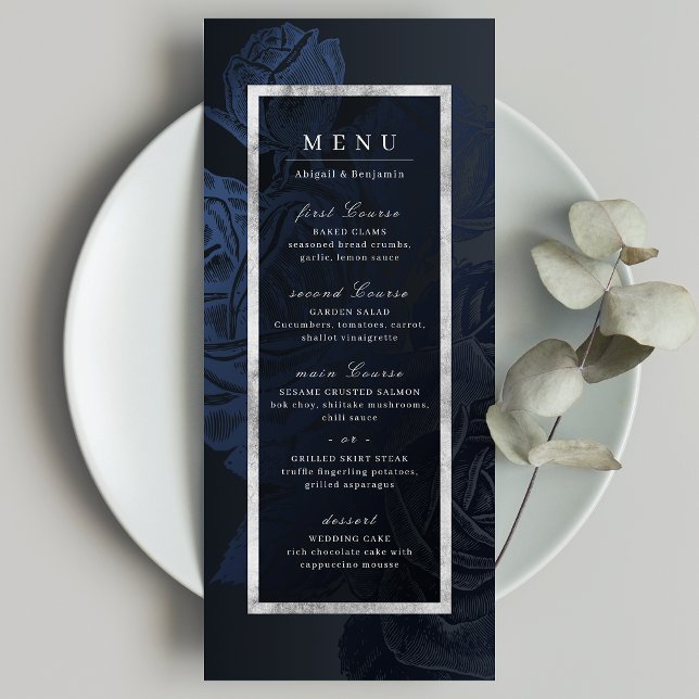 Luxe rose navy silver vintage botanical wedding menu (Luxe rose navy silver vintage botanical wedding menu)