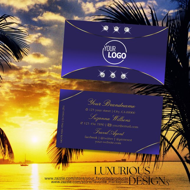 Luxe Royal Blue with Gold Decor Diamonds and Logo Business Card (Creator Uploaded)