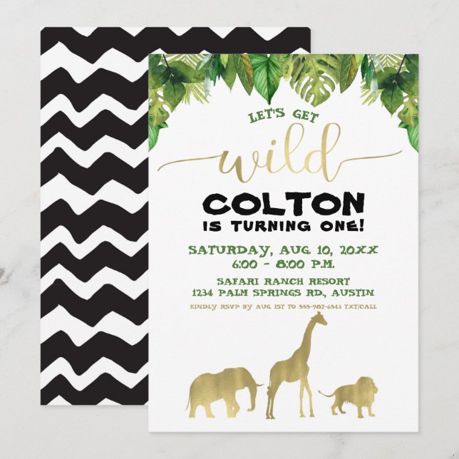 Luxe Safari Jungle Birthday Modern Wild One Invitation (Front/Back)