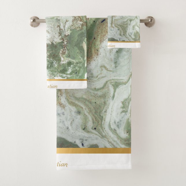 LUXE SAGE GREEN MARBLE TOWEL SET (Insitu)