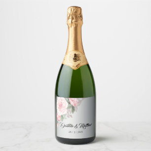 Luxe Silver and Pink Rose Bouquet Wedding Sparkling Wine Label