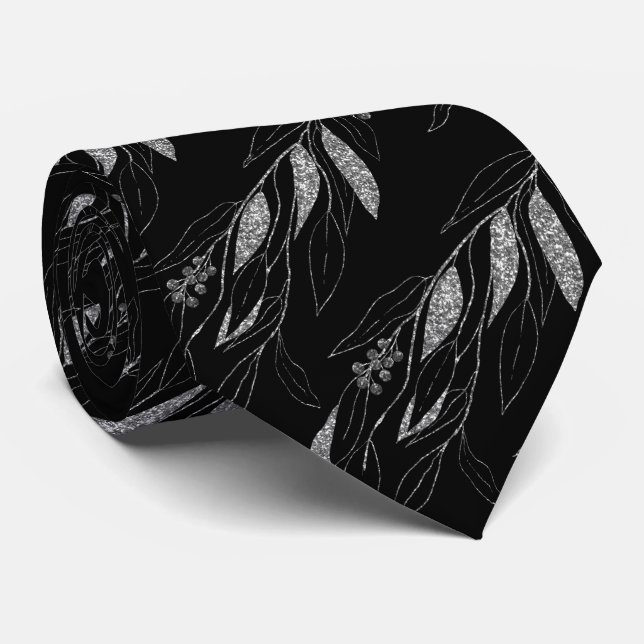 LUXE SILVER BLACK EUCALYPTUS BOTANICAL TIE (Rolled)