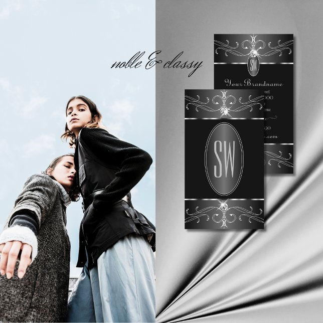 Luxe Silver Black White Ornate Ornaments Monogram  Business Card (Creator Uploaded)