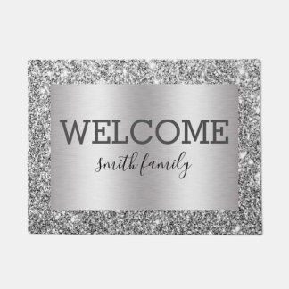 Luxe Silver Glitter Metallic Welcome Personalised Doormat