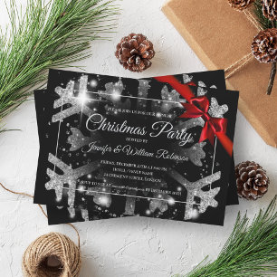 Luxe Silver Glitter Xmas Holiday Red Ribbon Black Invitation